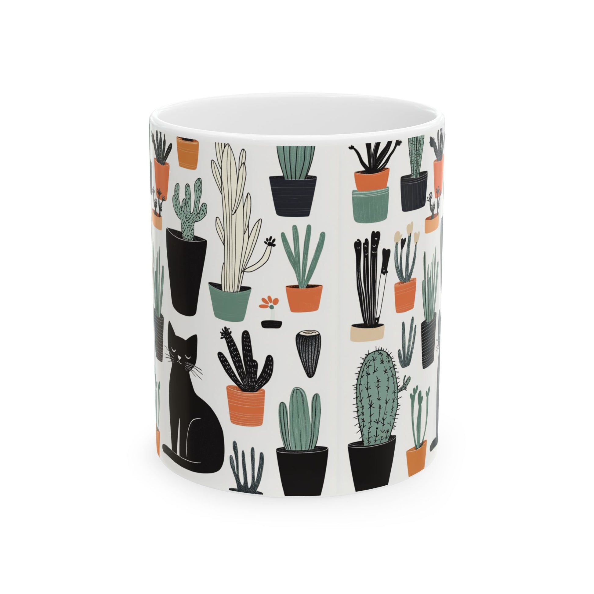 Cactus cat mug featuring a playful design with various cacti and a black cat