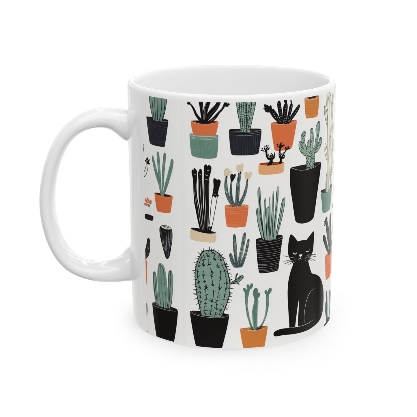 Cactus cat mug featuring playful cat design surrounded by various cactus plants in colorful pots