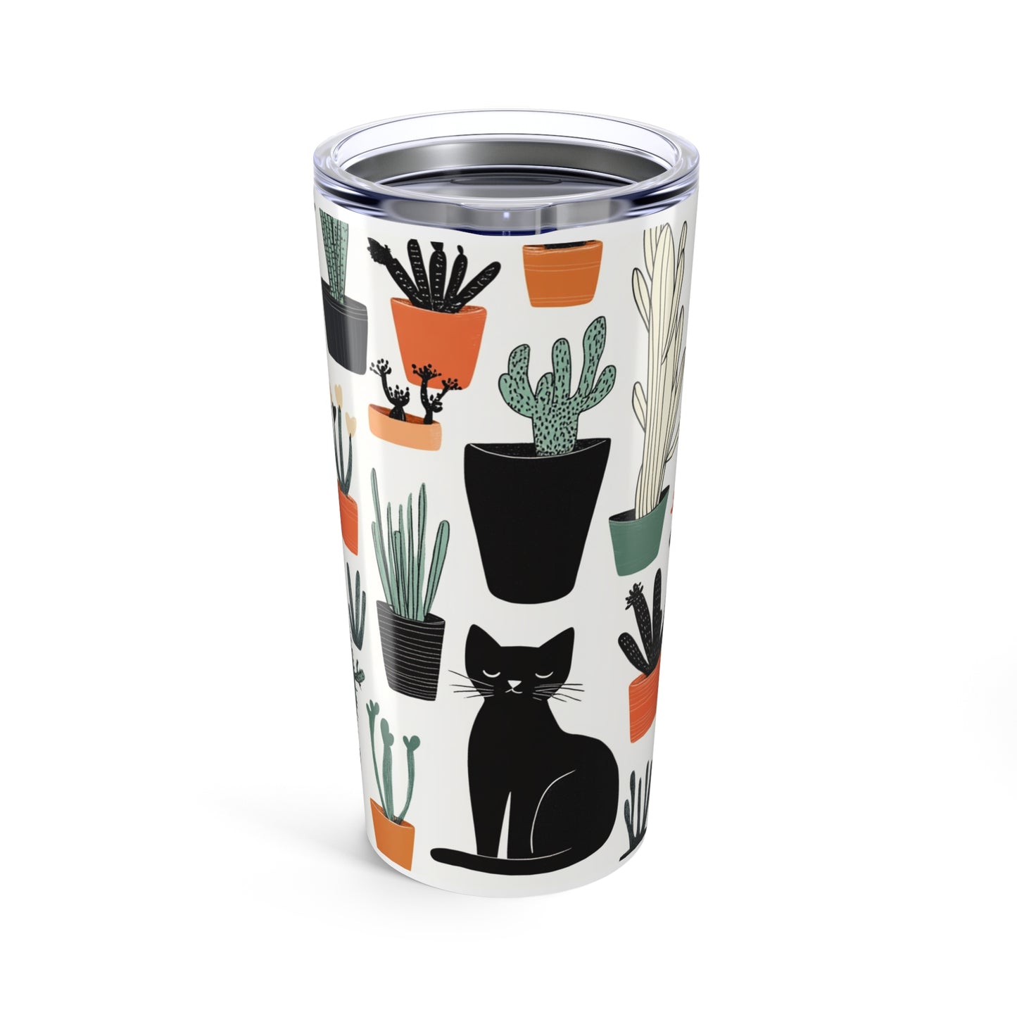 Cactus cat tumbler featuring a playful cat design among various potted cacti for a stylish drinkware option