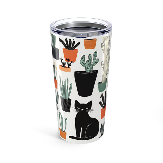 Cactus cat tumbler featuring a playful cat design among various potted cacti for a stylish drinkware option