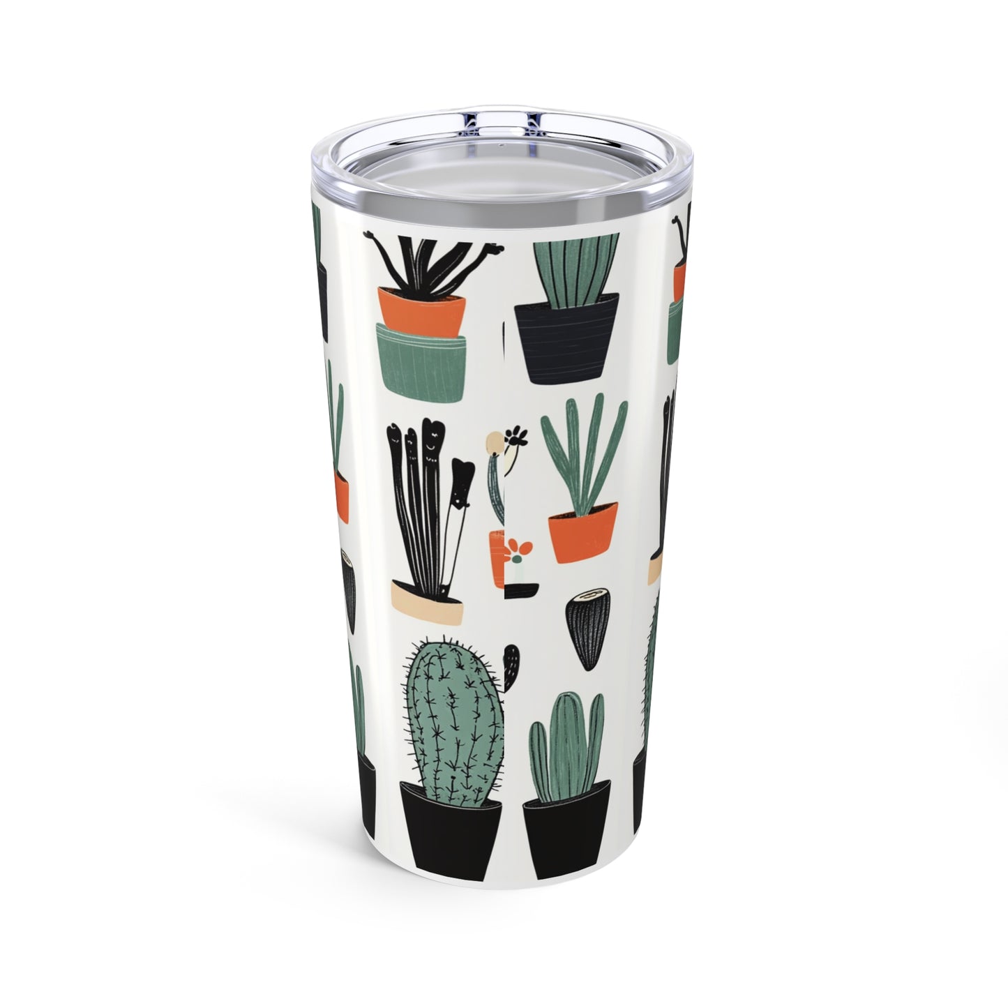 Cactus cat tumbler featuring a vibrant design of assorted cacti in pots for plant lovers