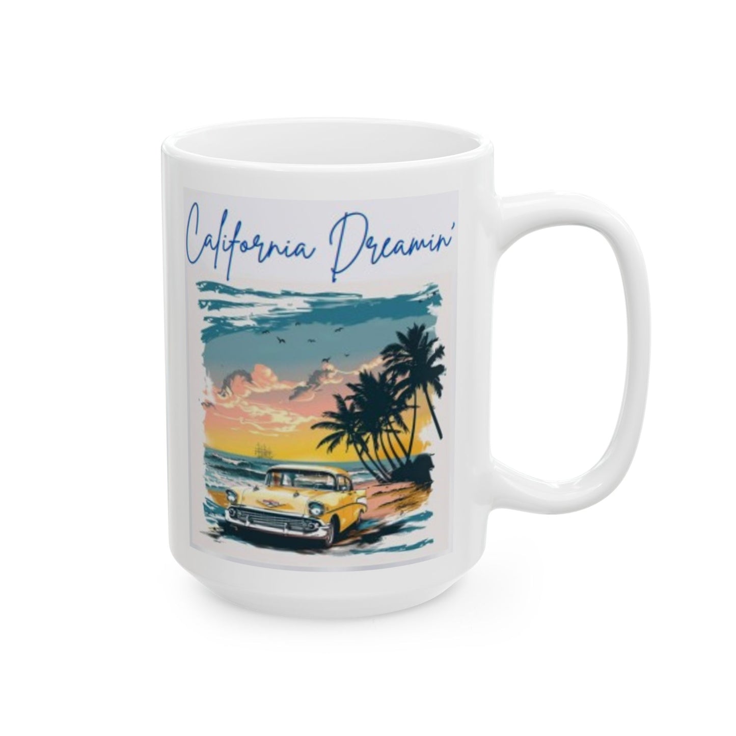 California Dreamin mug featuring a vintage car and palm trees against a sunset backdrop