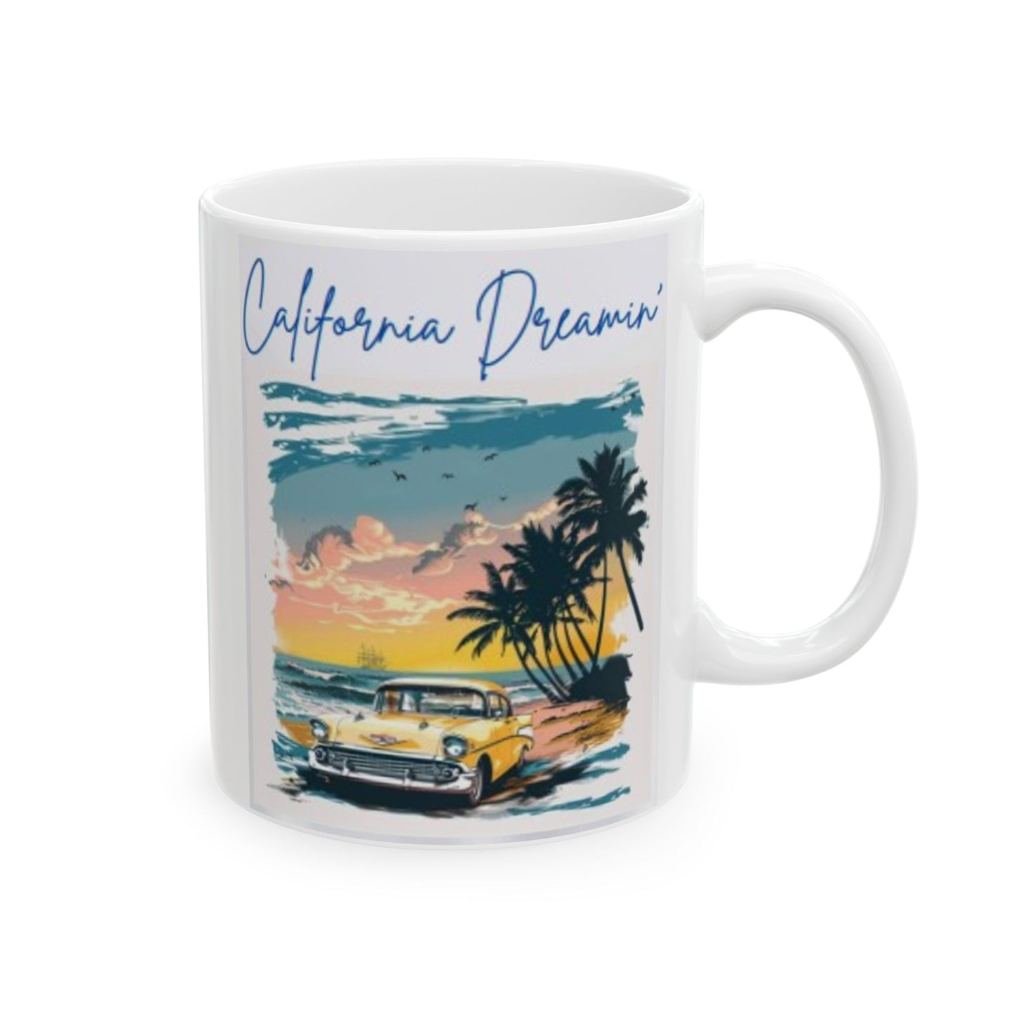 California Dreamin mug featuring a vintage car and palm trees against a sunset background