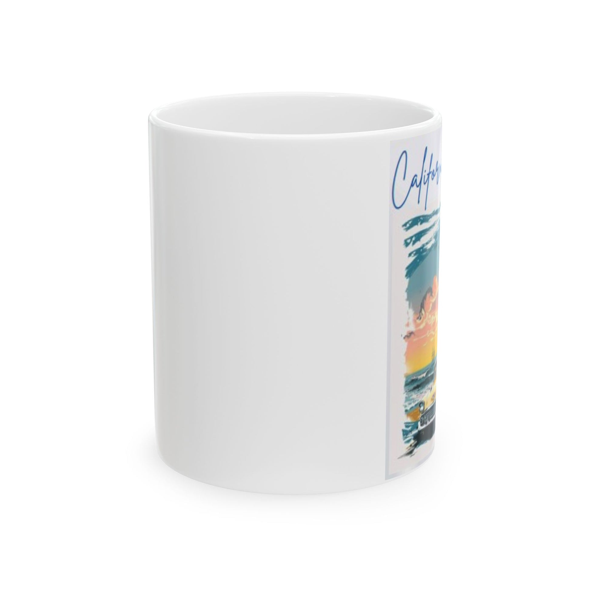 California Dreamin mug with a colorful sunset design and ocean waves