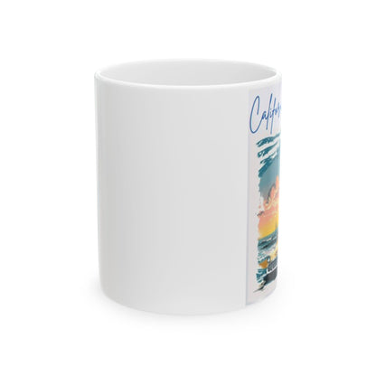 California Dreamin mug with a colorful sunset design and ocean waves