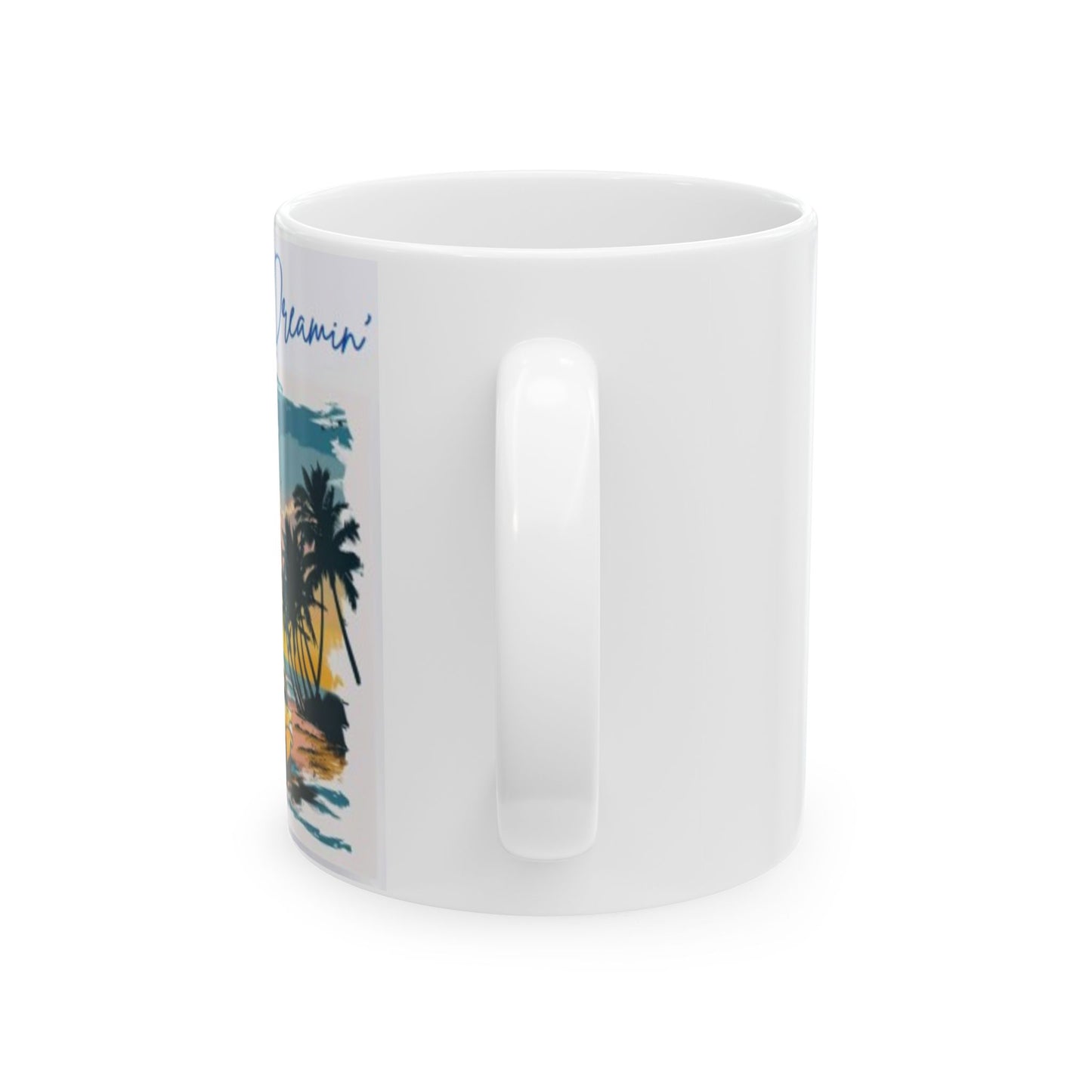 California Dreamin mug featuring a sunset and palm trees design for relaxing moments