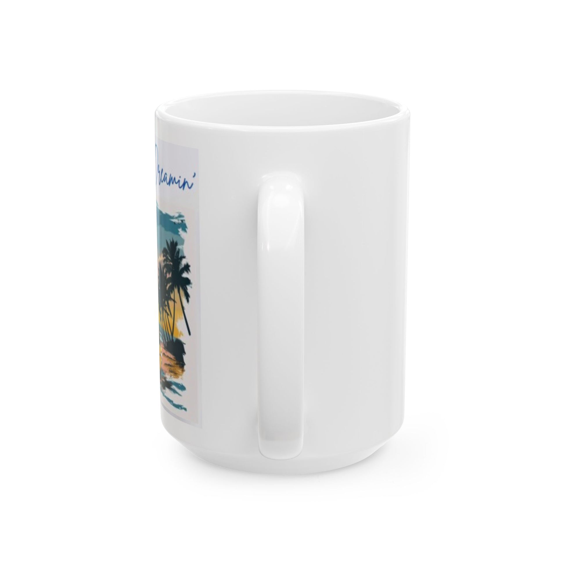 California Dreamin mug featuring a scenic beach design with palm trees and vibrant colors