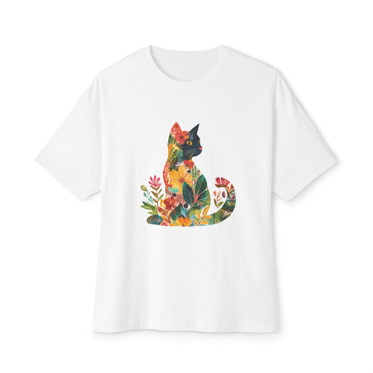 Cat oversized t-shirt with floral design featuring a colorful cat silhouette on a white background