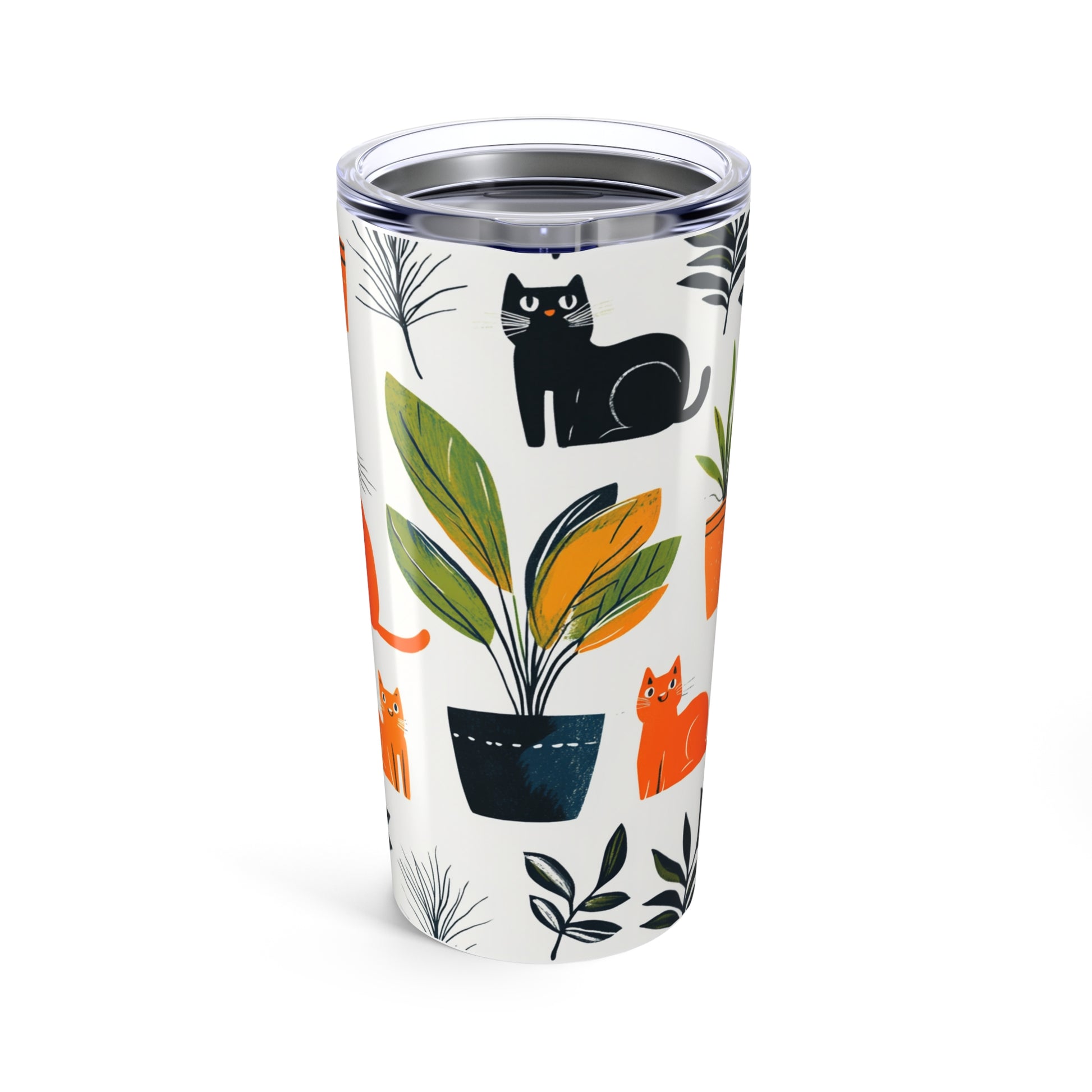 Colorful cat print tumbler 20oz featuring cute cats and plants design, perfect for cat lovers