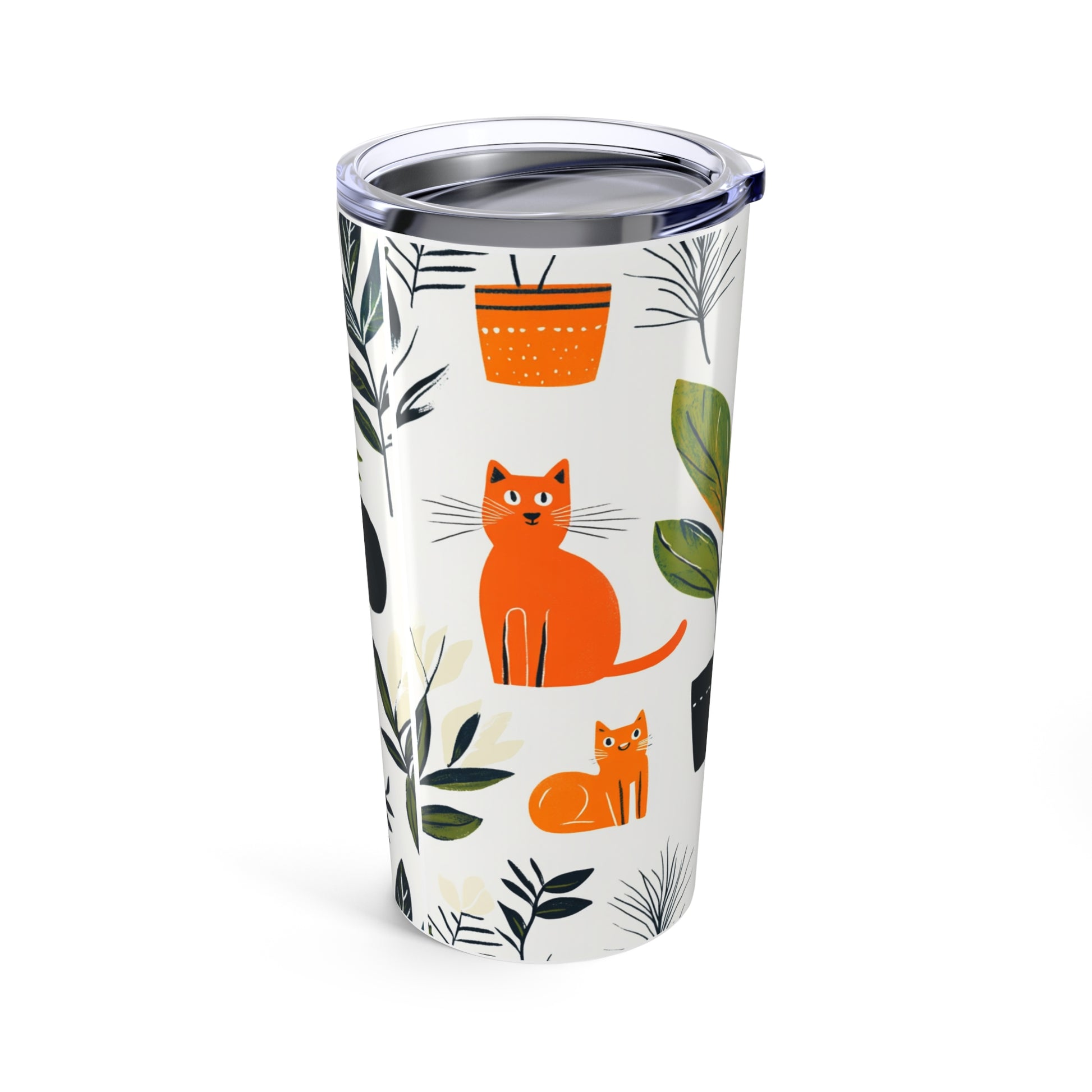 White cat print tumbler 20oz featuring colorful cats and plants design for pet lovers