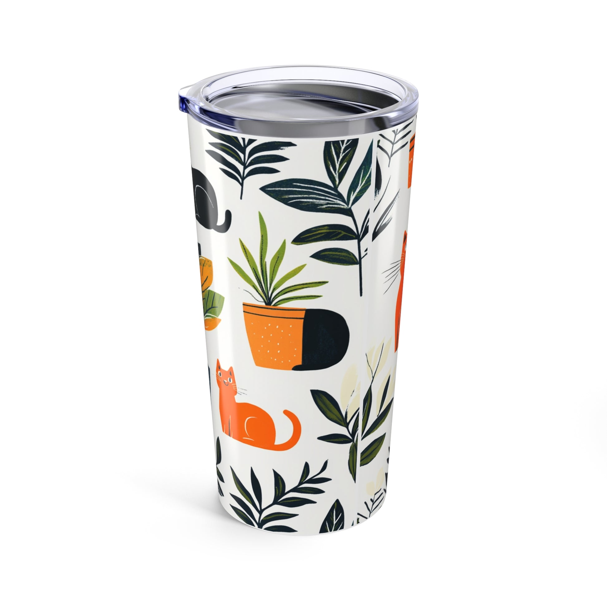 Cat print tumbler 20oz featuring colorful cats and plants on a stylish design