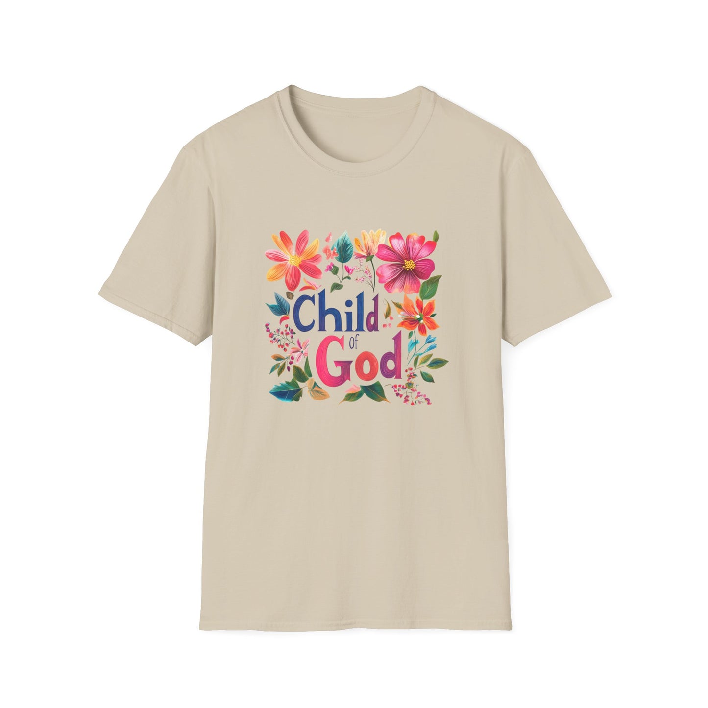 Beige Child of God t-shirt featuring colorful floral design and bold lettering