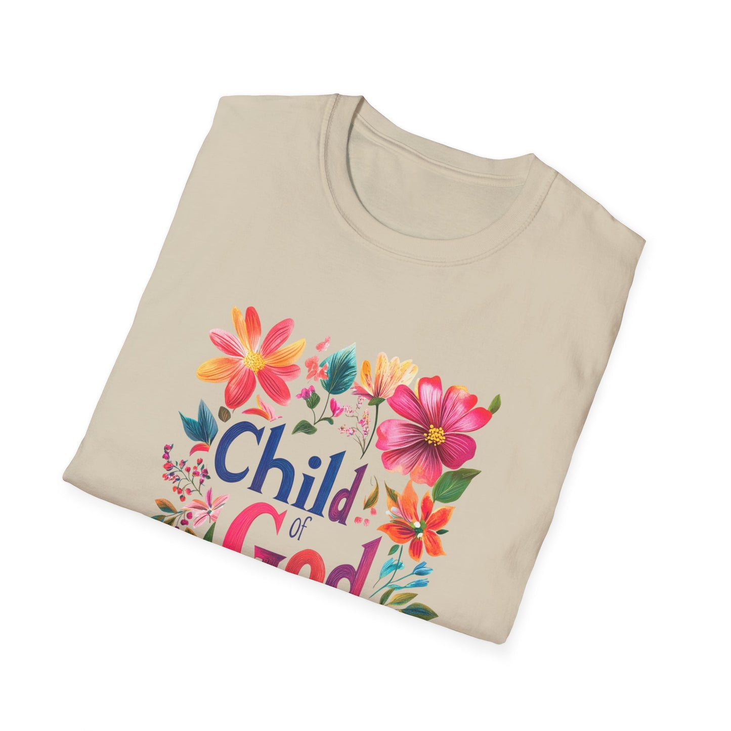 Beige Child of God t-shirt featuring vibrant floral design for casual wear