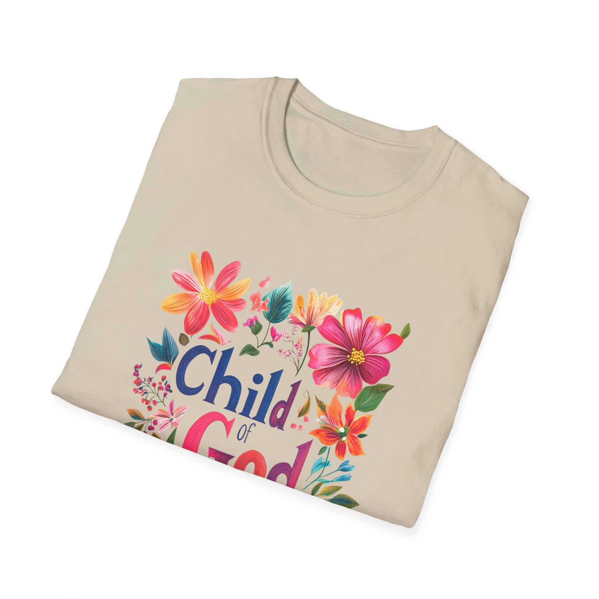 Beige Child of God t-shirt featuring vibrant floral design for casual wear