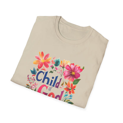 Beige Child of God t-shirt featuring vibrant floral design for casual wear