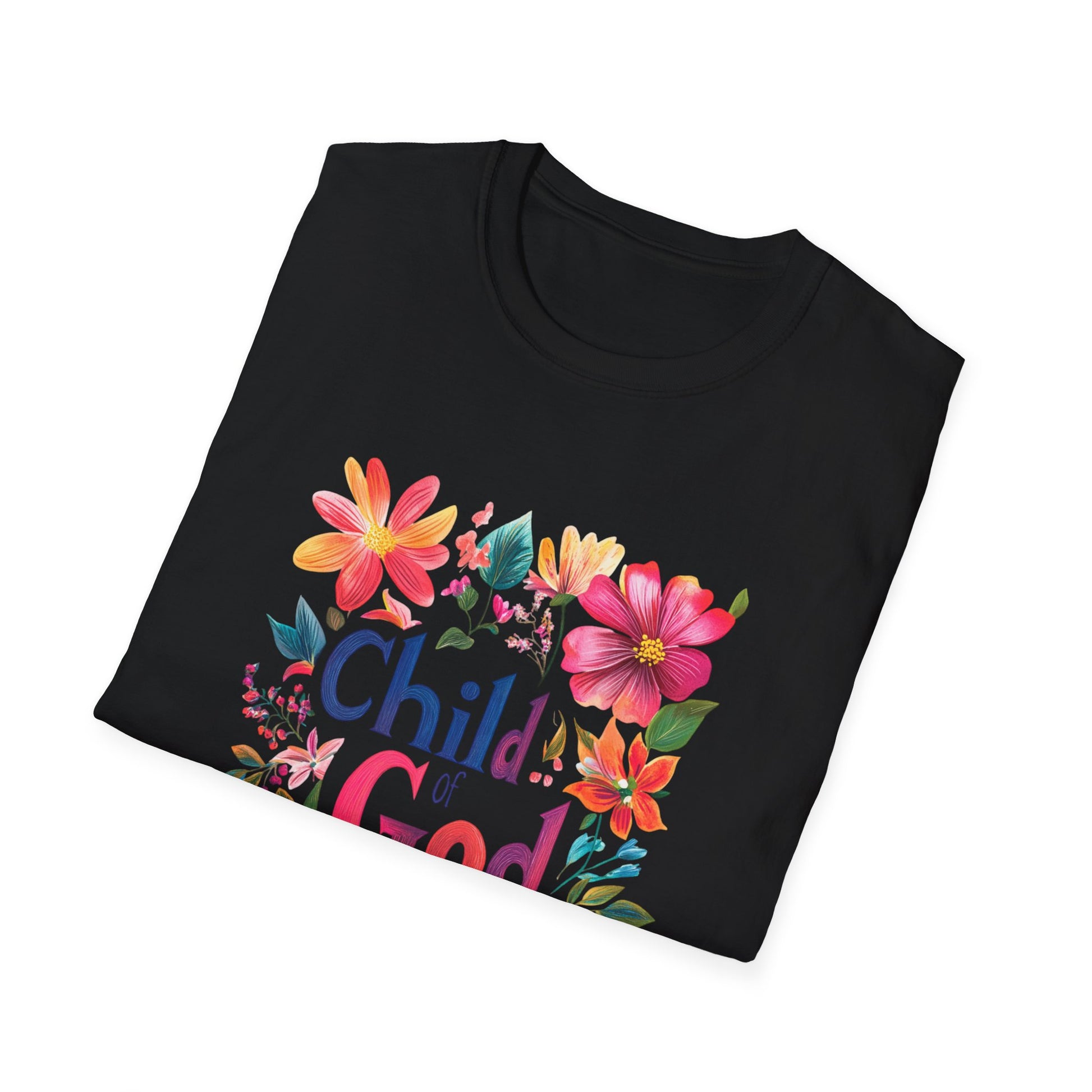 Black Child of God t-shirt featuring colorful floral design and vibrant typography