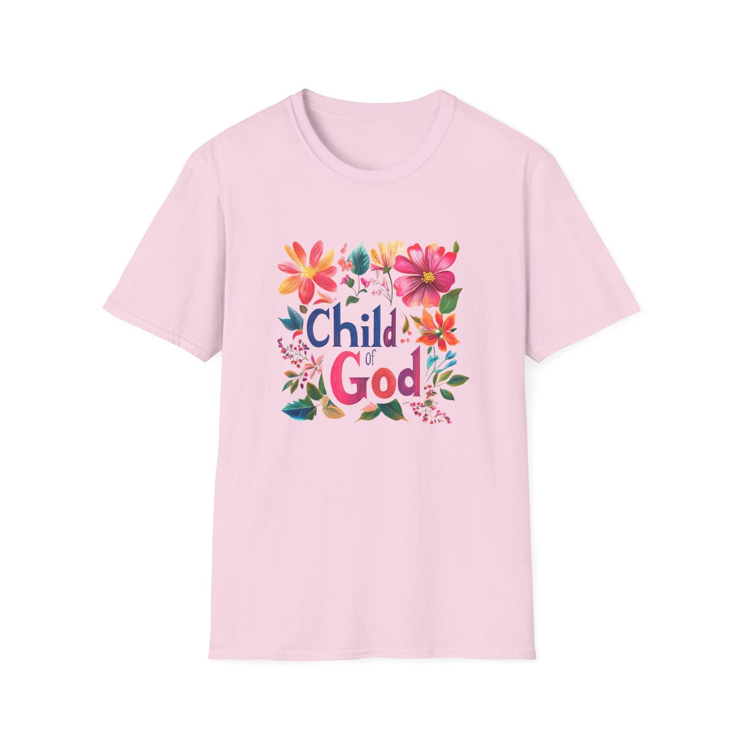 Pink Child of God t-shirt with colorful floral design for a vibrant and uplifting style