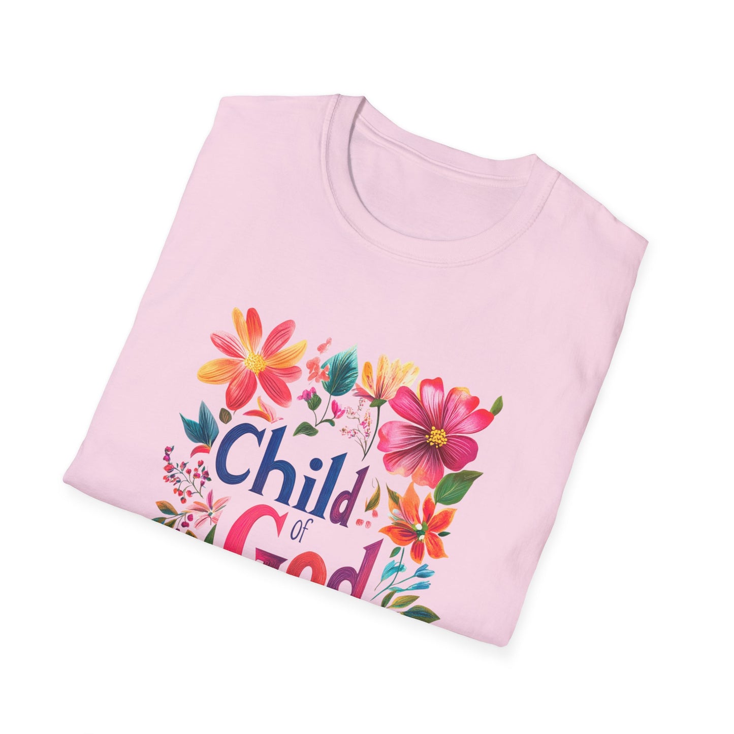 Pink Child of God t-shirt with vibrant floral design and colorful lettering for casual wear