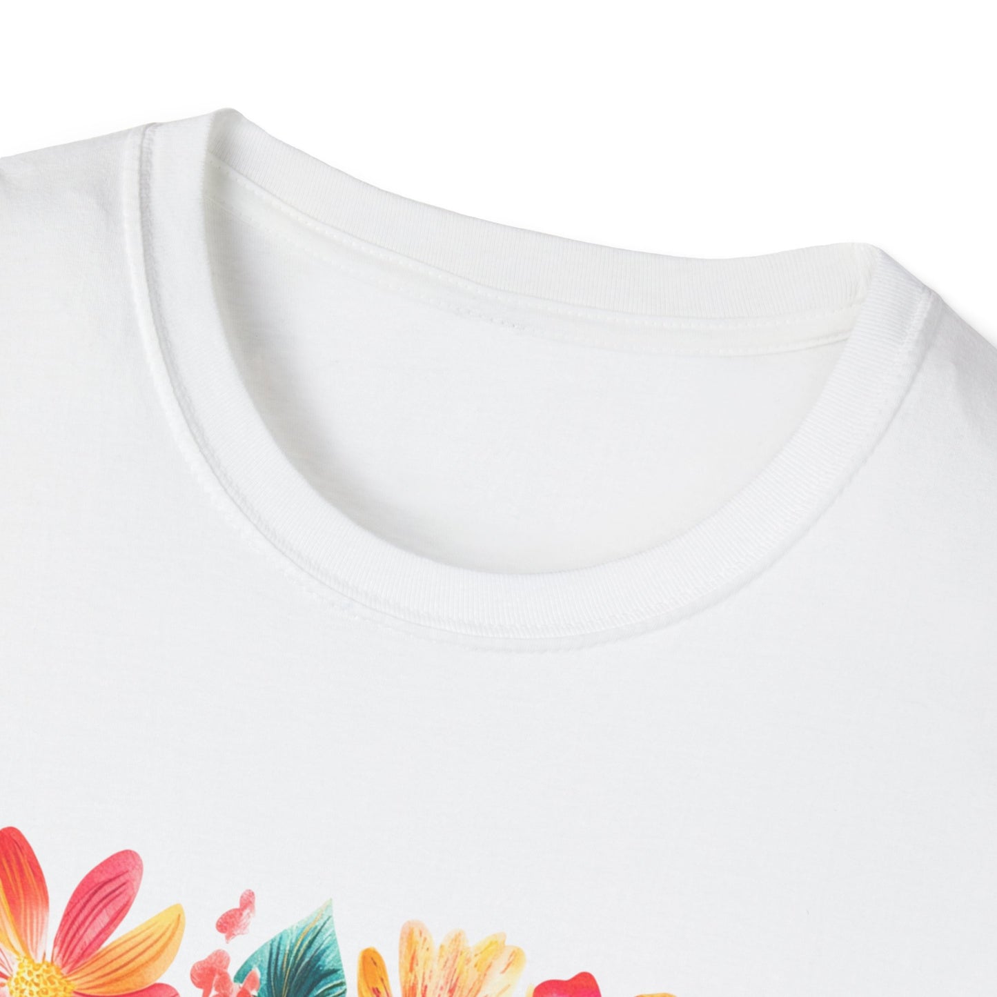 Close-up of a child of God t-shirt featuring vibrant floral designs and soft fabric texture