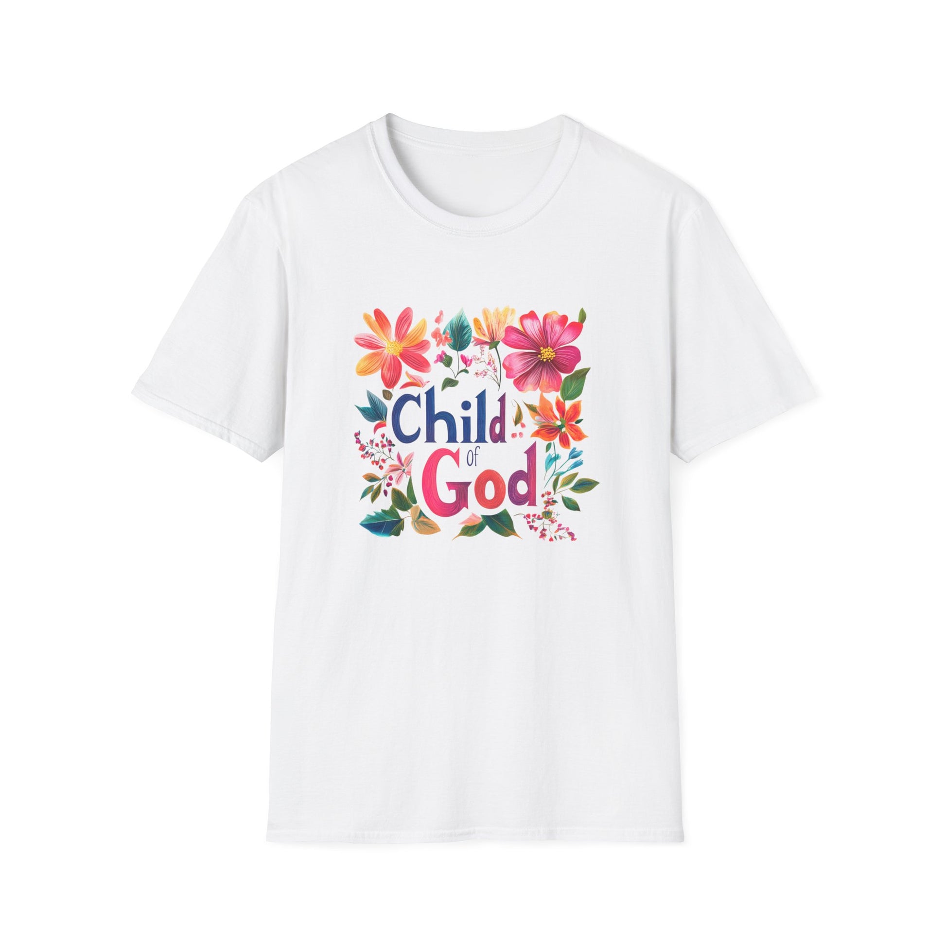 Child of God t-shirt featuring colorful floral design on a white background