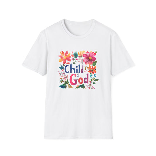 Child of God t-shirt featuring colorful floral design on a white background