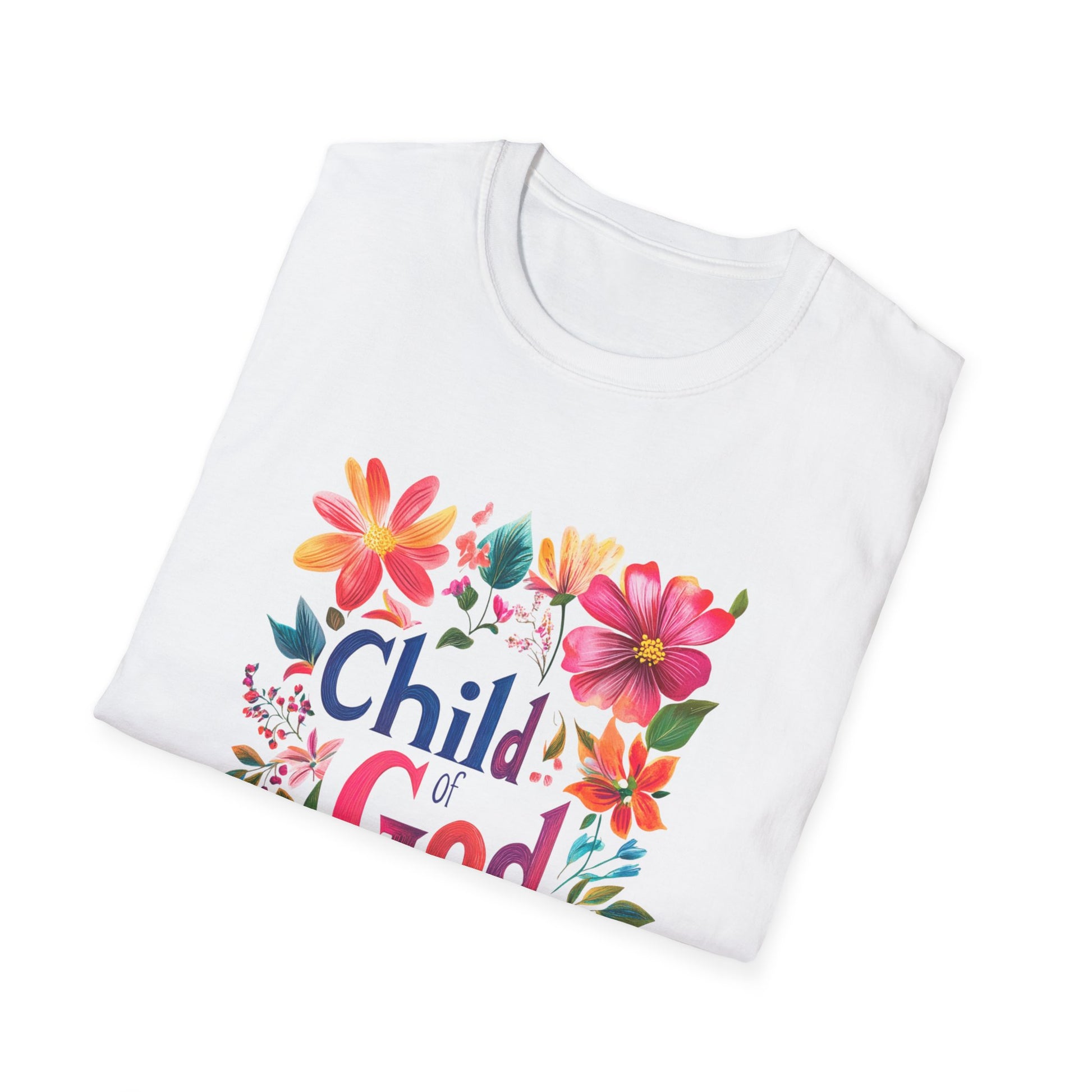 White Child of God t-shirt featuring colorful floral design and vibrant typography