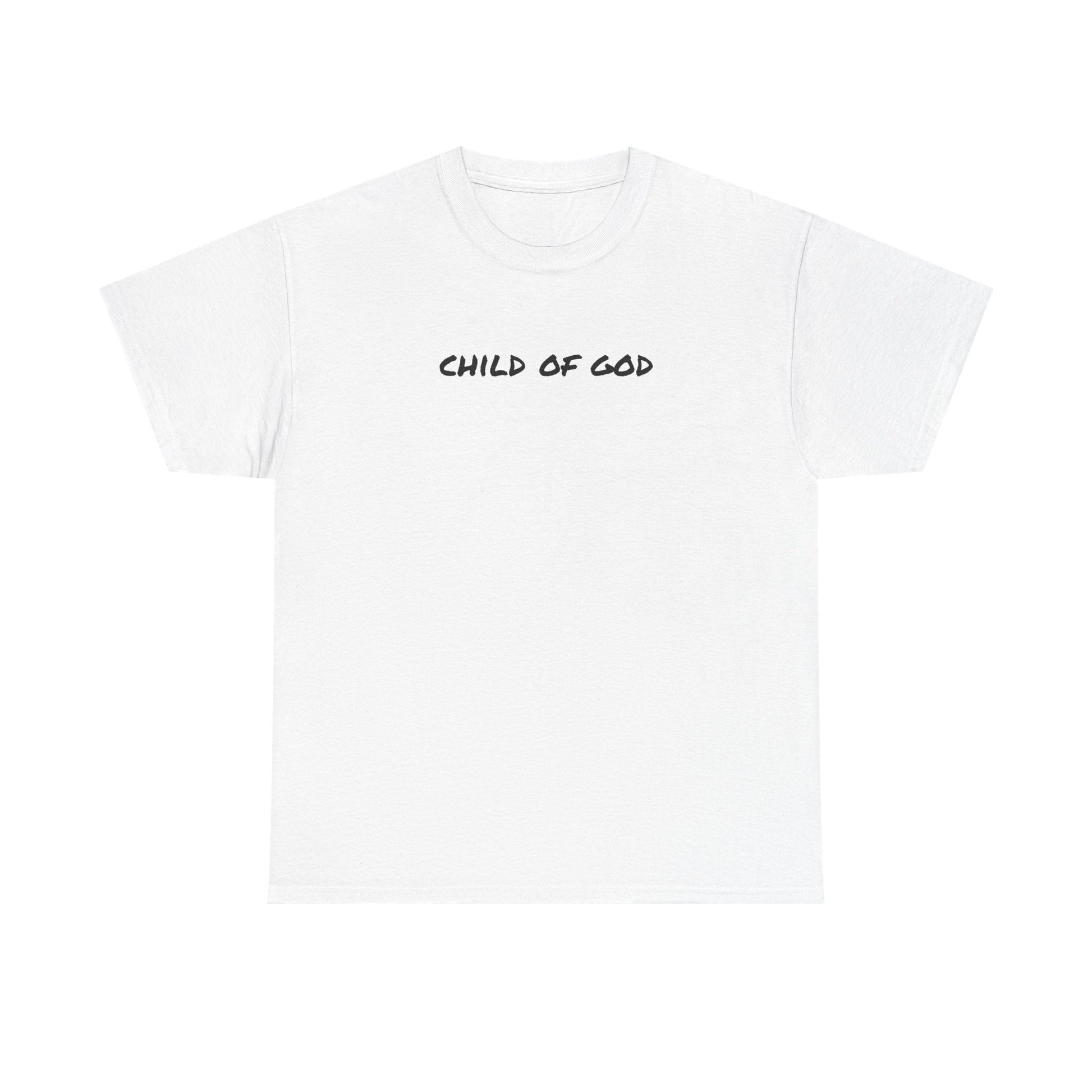 White child of God t-shirt with bold black lettering for casual wear