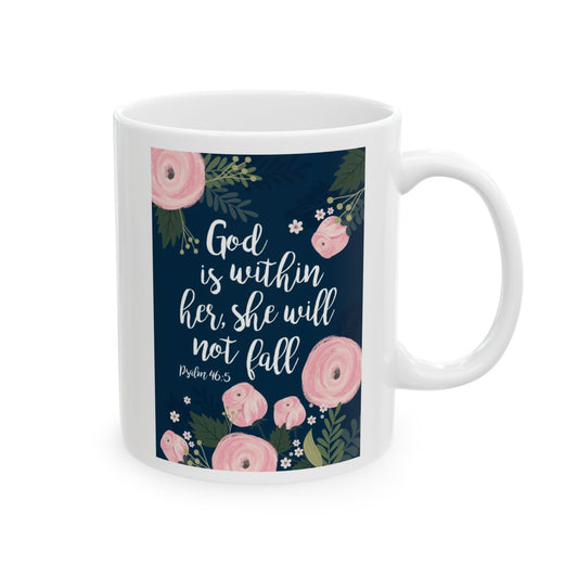 Christian inspirational coffee mug featuring floral design and uplifting Psalm 46:5 quote