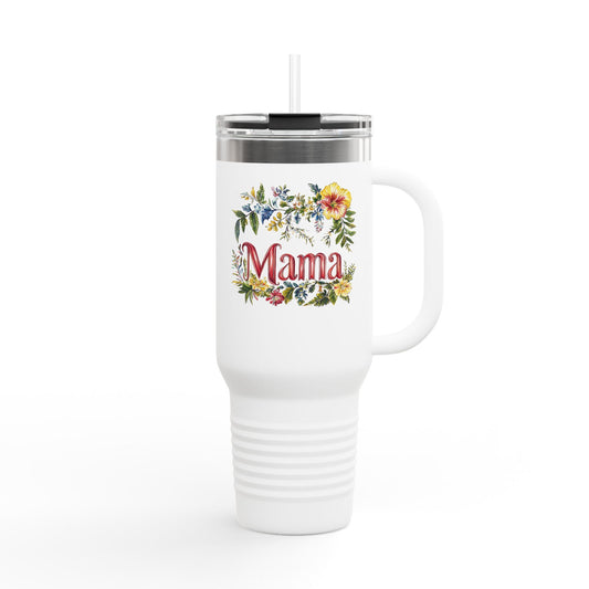 White Printify mama travel mug with handle straw lid floral Mama design stainless rim