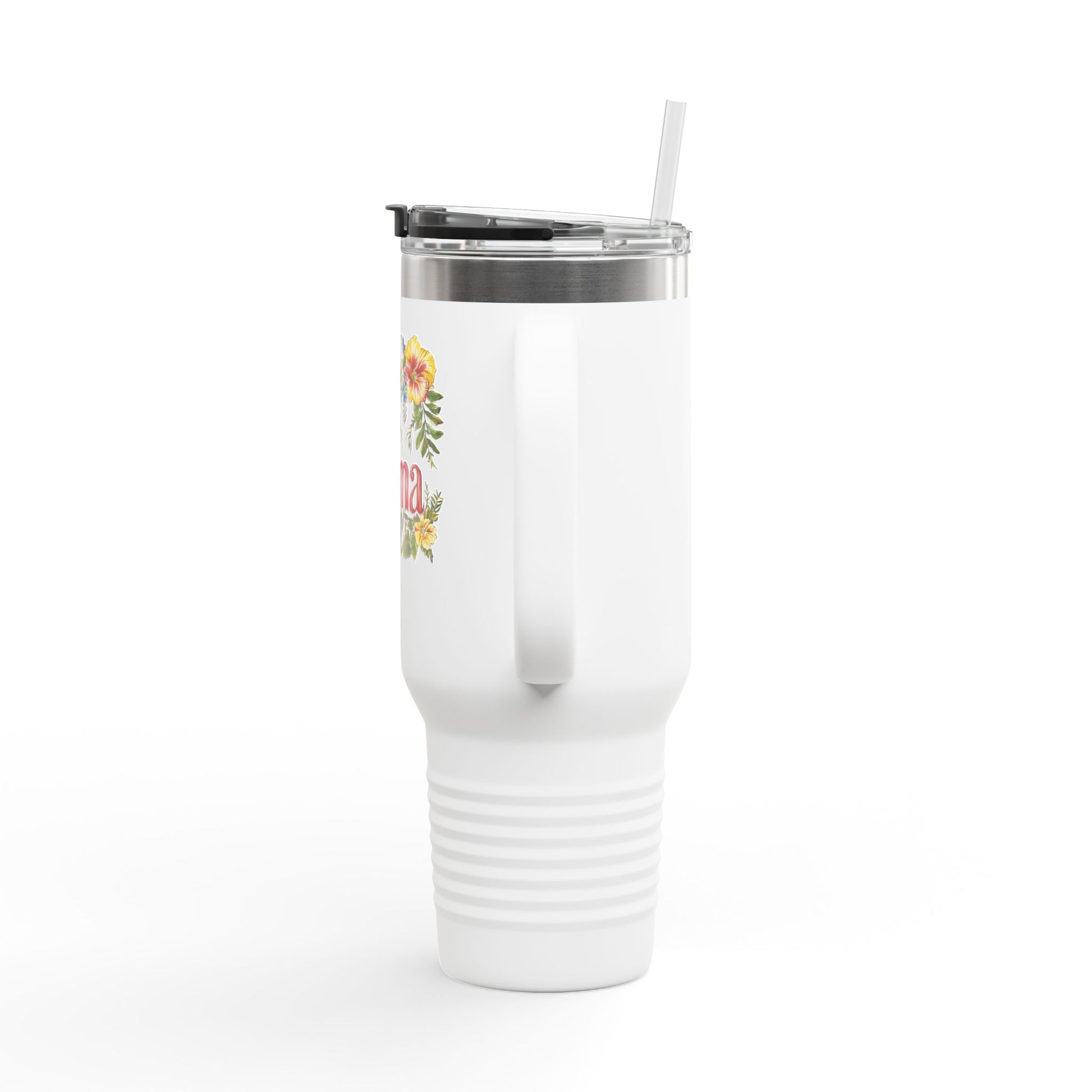 White insulated mama travel mug with handle clear lid and straw floral print for on the go moms