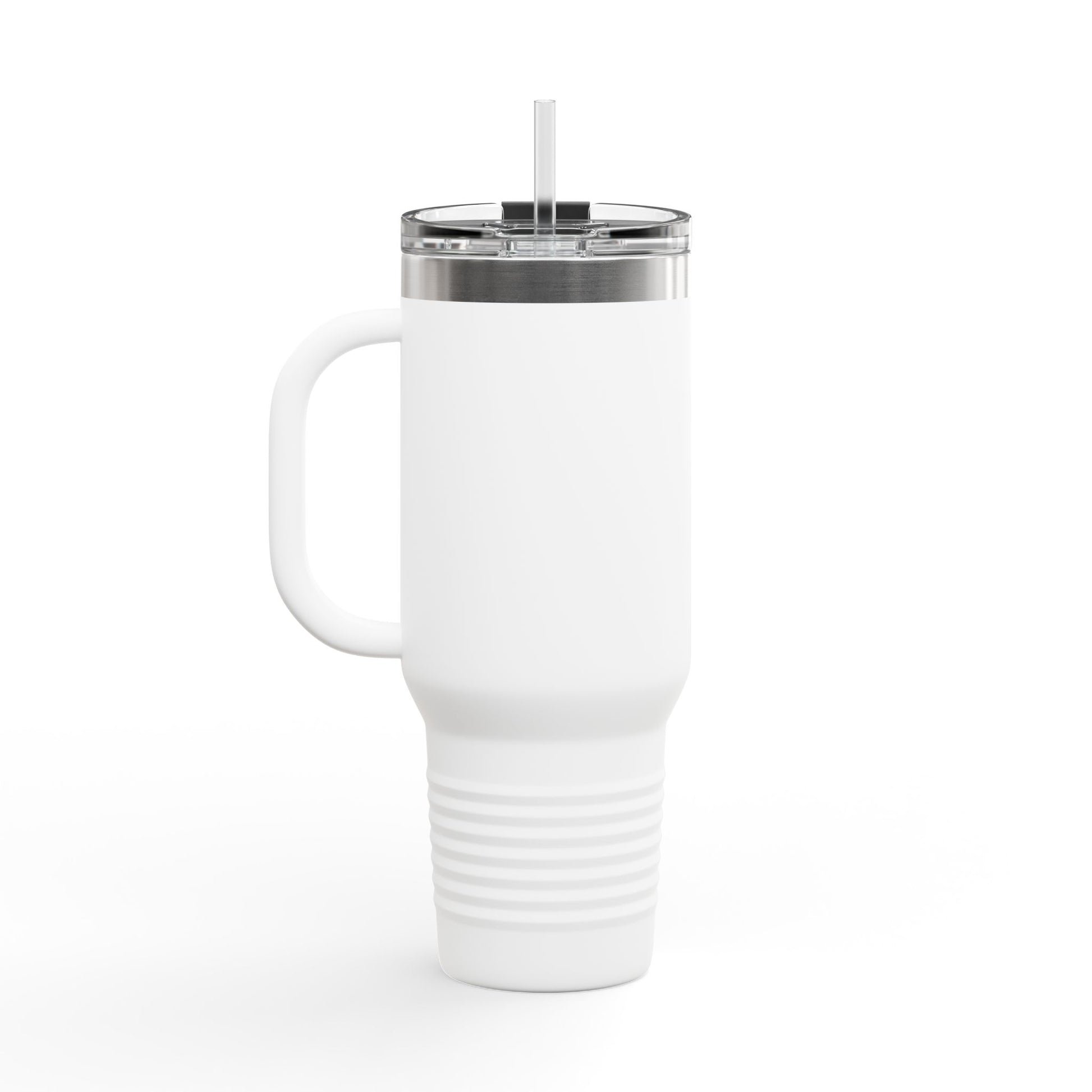 White insulated mama travel mug with handle, stainless steel rim and clear lid with straw