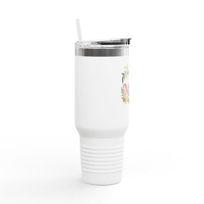 White stainless rim insulated mama travel mug with clear lid straw and floral side print by Printify