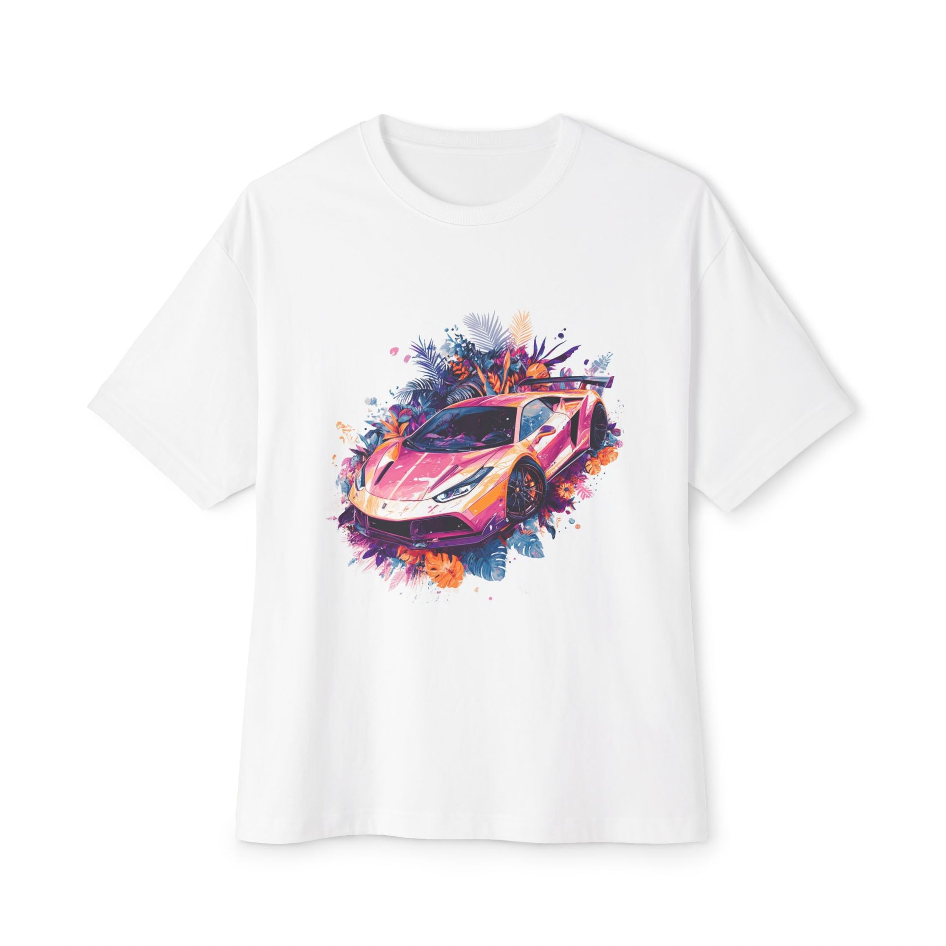 Colorful sports car t-shirt featuring a vibrant graphic design of a racing car against a white background