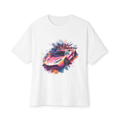 Colorful sports car t-shirt featuring a vibrant graphic design of a racing car against a white background