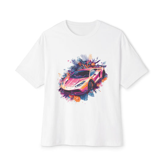 Colorful sports car t-shirt featuring a vibrant graphic design of a racing car against a white background