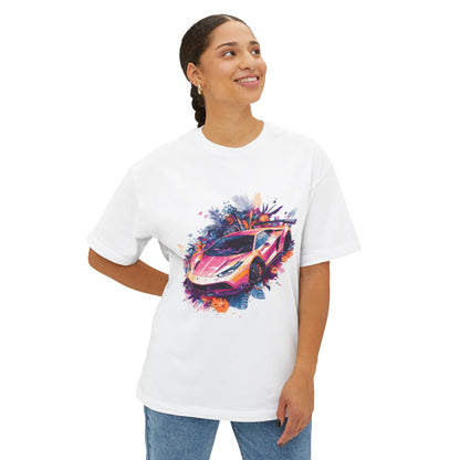 Colorful sports car t-shirt featuring a vibrant graphic design of a sports car on a white background