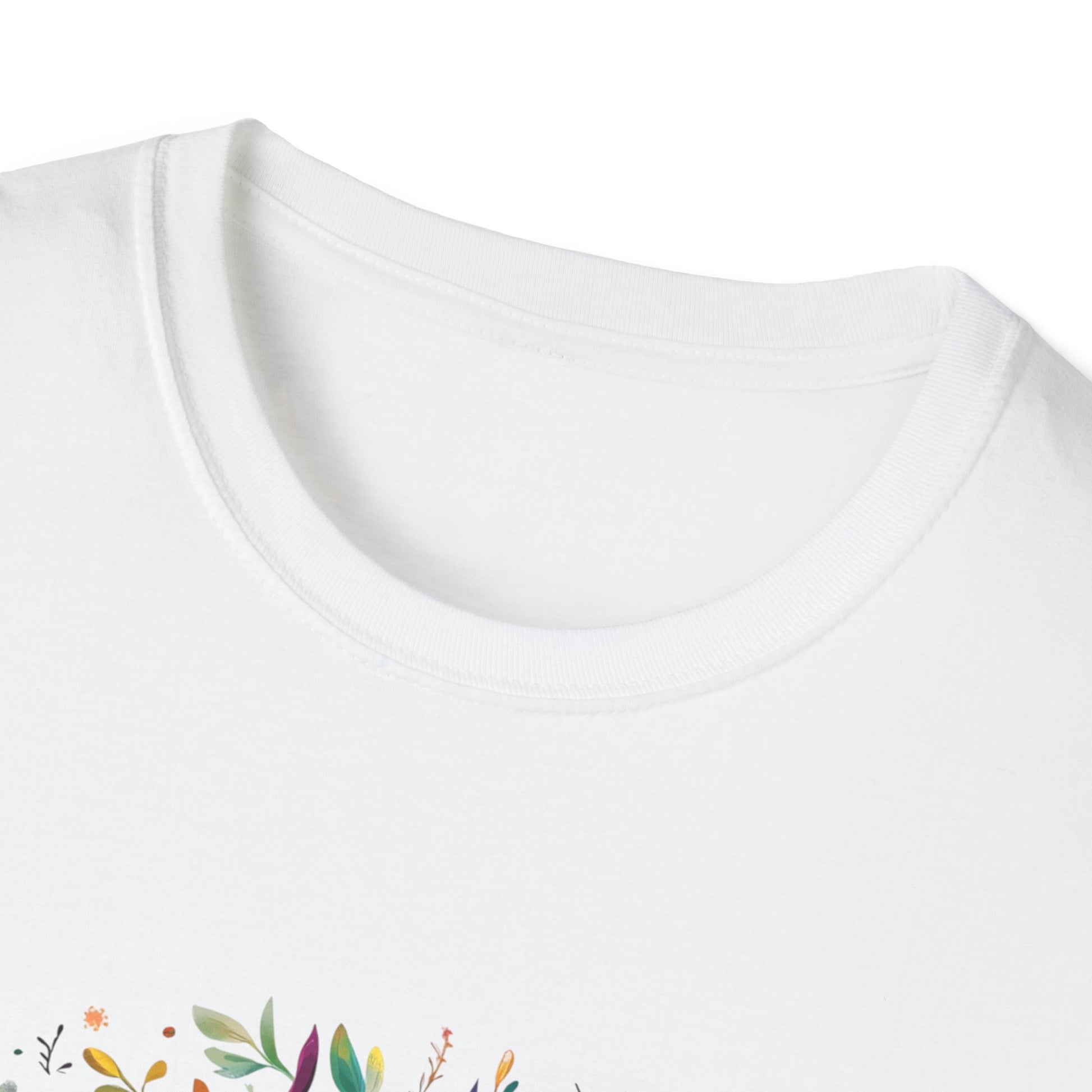 Close-up view of the neckline of a colorful unicorn t-shirt featuring vibrant floral designs