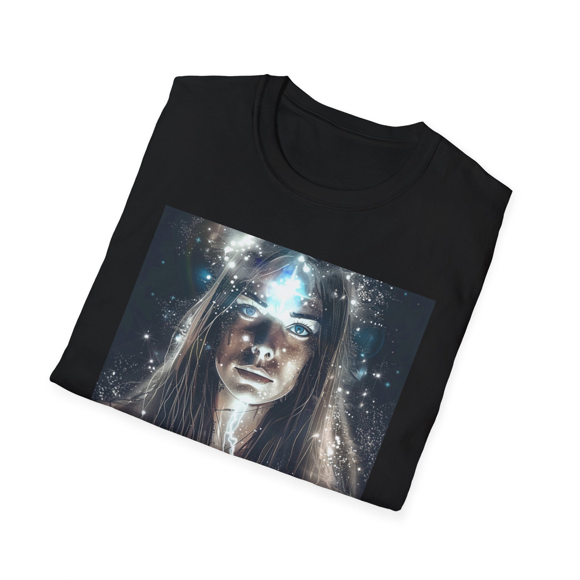 Cosmic dreams t-shirt featuring a cosmic-themed graphic on a black fabric background