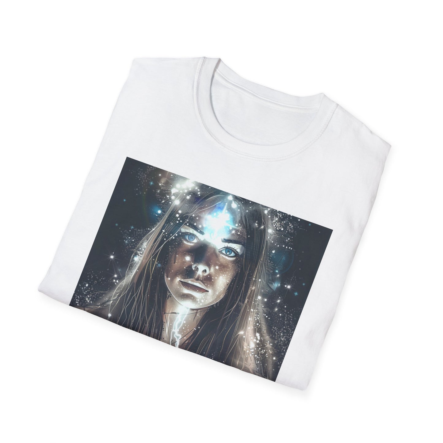 Cosmic dreams t-shirt featuring an artistic galaxy design with a woman facing the cosmos