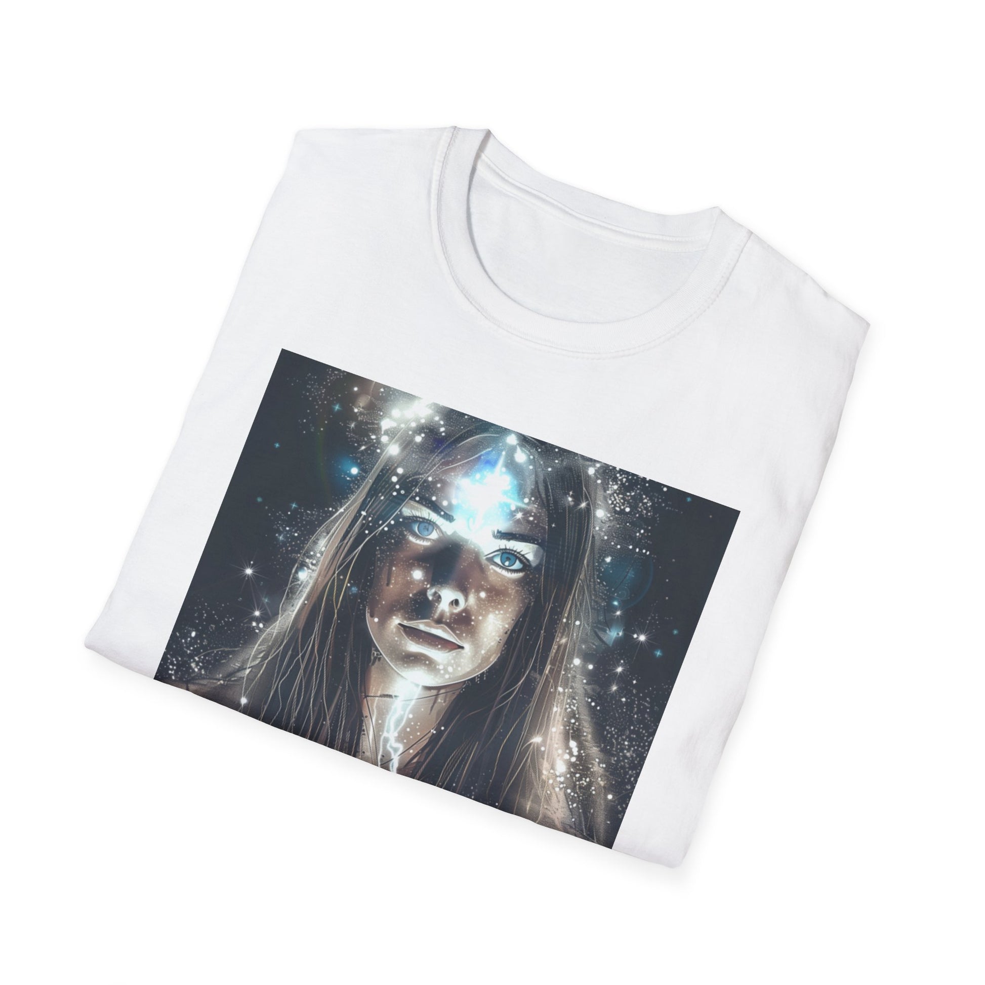 Cosmic dreams t-shirt featuring an artistic galaxy design with a woman facing the cosmos