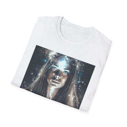 Cosmic dreams t-shirt featuring an artistic galaxy design with a woman facing the cosmos