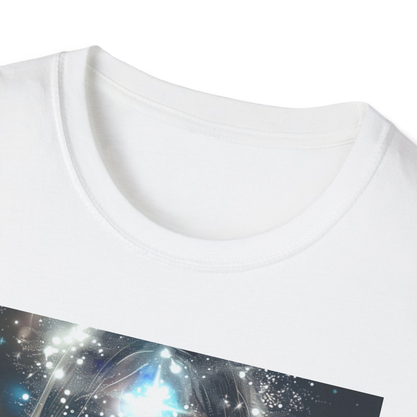 Close-up of the Cosmic Dreams T-Shirt with a colorful, cosmic design and soft fabric texture