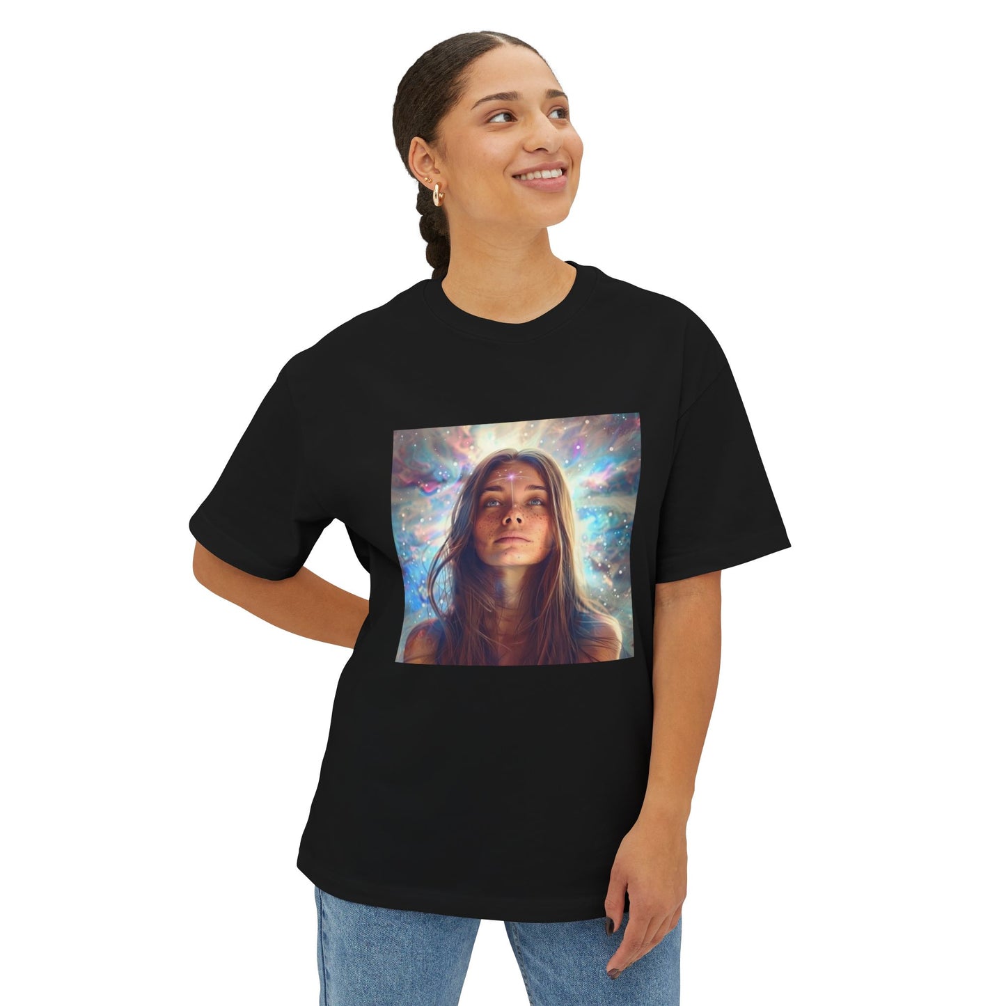 Cosmic vibes oversized tee featuring a vibrant galaxy print on a black background