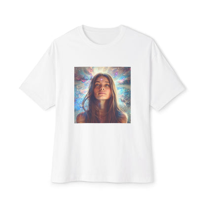 Cosmic vibes oversized tee in white featuring a woman surrounded by a colorful cosmic background