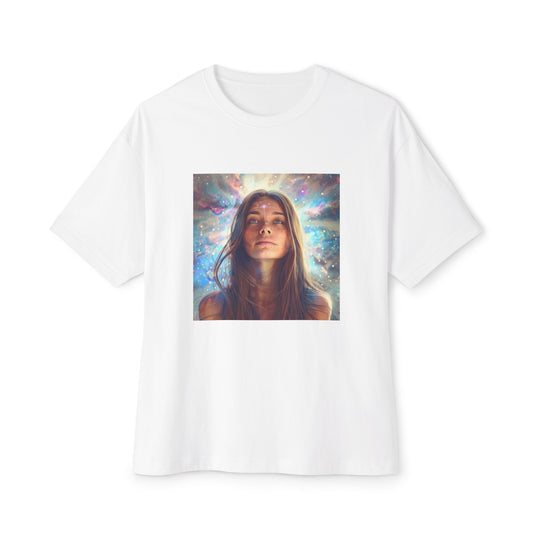 Cosmic vibes oversized tee in white featuring a woman surrounded by a colorful cosmic background