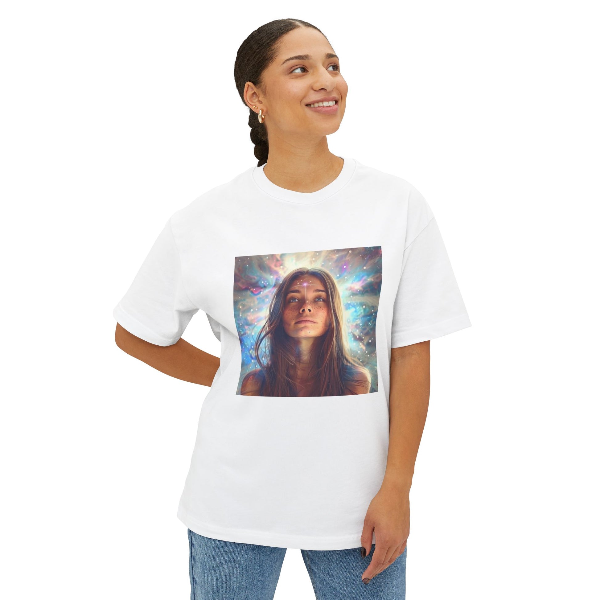 Model wearing a cosmic vibes oversized tee with a colorful galaxy design on a white background.