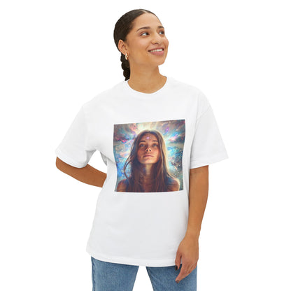 Model wearing a cosmic vibes oversized tee with a colorful galaxy design on a white background.