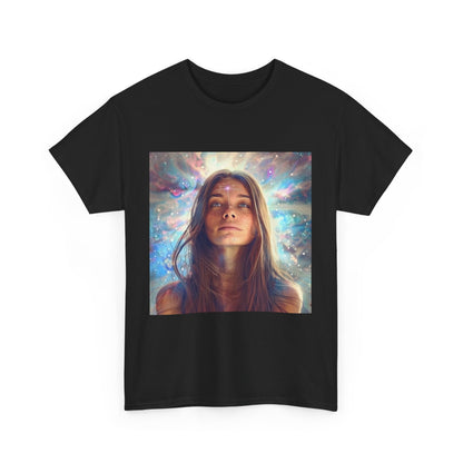 Cosmic vibes t-shirt featuring a stunning design with a woman gazing at a colorful cosmic backdrop.