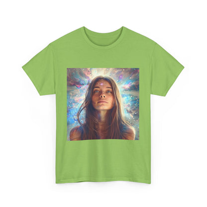 Green cosmic vibes t-shirt featuring a woman gazing upwards with colorful cosmic patterns in the background