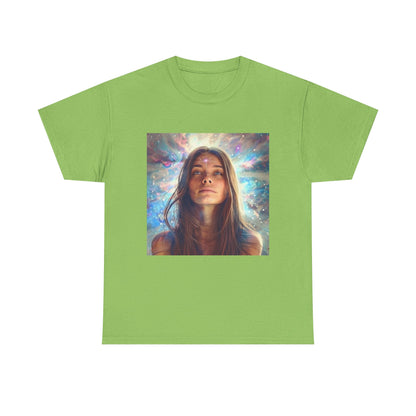 Cosmic vibes t-shirt in green featuring a colorful galaxy print and a serene woman image